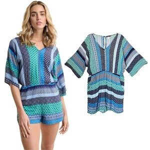 Venus  V-Neck Printed Romper Size XL Blue Green‎ Patterned Dolman Sleeve